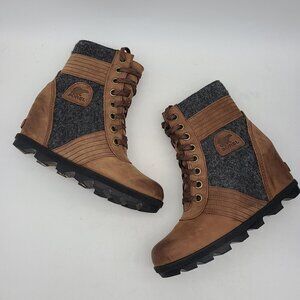 Sorel Lexie Wedge Ankle Boot Lace-Up Pieced Wool Leather Tobacco Brown Size 9